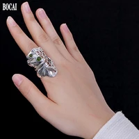 bocai new real solid s925 silver jewelry woman ring hetian jasper autumn rain lotusleaf ring
