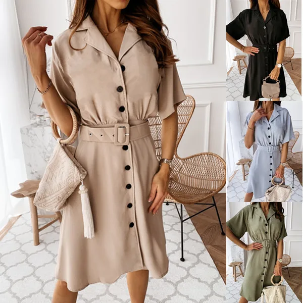 

Fashion Women Shirt Dress With Belt 2021 Spring Casual Solid Color Short-sleeved V-neck Button Belt Dress Vestidos De Fiesta