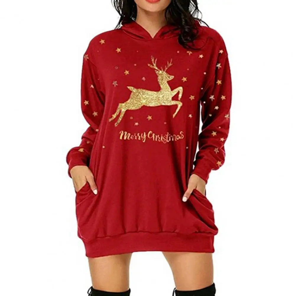 

Pullover Sweatshirt Christmas Print Side Pockets Ultra Soft Elk Print Long Sleeve Xmas Blouse Festival Clothing moletom feminino