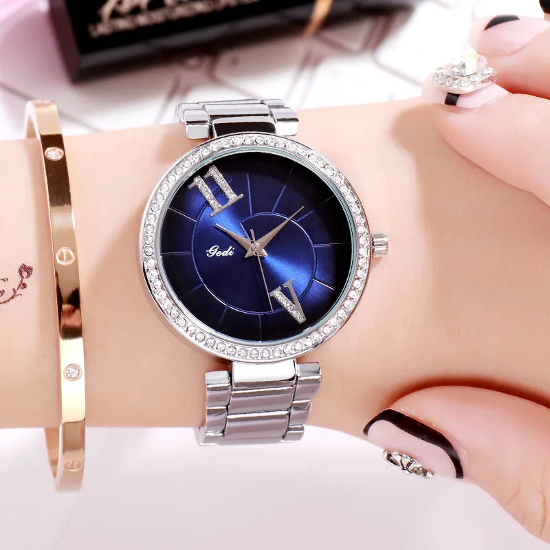 Silver blue GEDI модные элегантные женские часы с ремешком из сплава розового золота кварцевые наручные часы женские роскошные стразы уникальный дизайн часы с буквами - Цвет: Silver blue