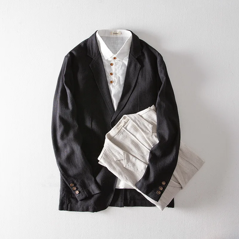 Мужской Повседневный хлопковый льняной Блейзер Мужская однотонная куртка