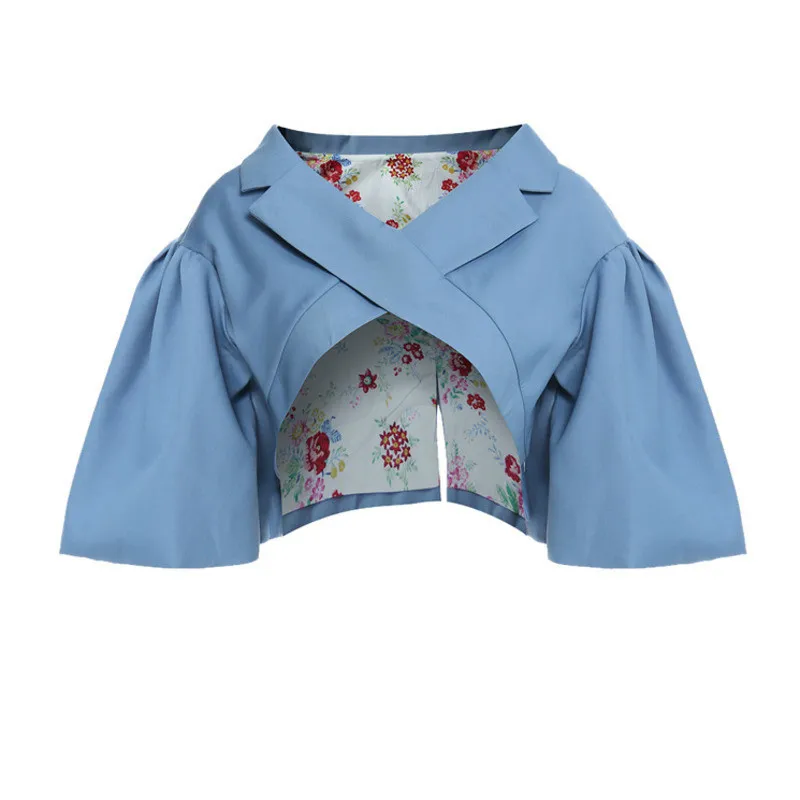 

Light Blue Top Pattern Printed Irregular Short Jacket New V-collar Short Sleeve Women Coat Fashion Spring Autumn 2020 K881