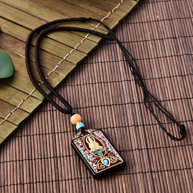 

Jewelry Pendant Necklace Ebony Wood Necklace Peace Buddha Nepal Ethnic Style Long Sweater Chain Cotton and Linen Jewelry