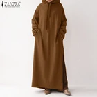 Осень 2021, толстовки ZANZEA с длинным рукавом, свитшоты, платье, Женский пуловер, повседневное длинное платье оверсайз с Боковым Разрезом, женское платье