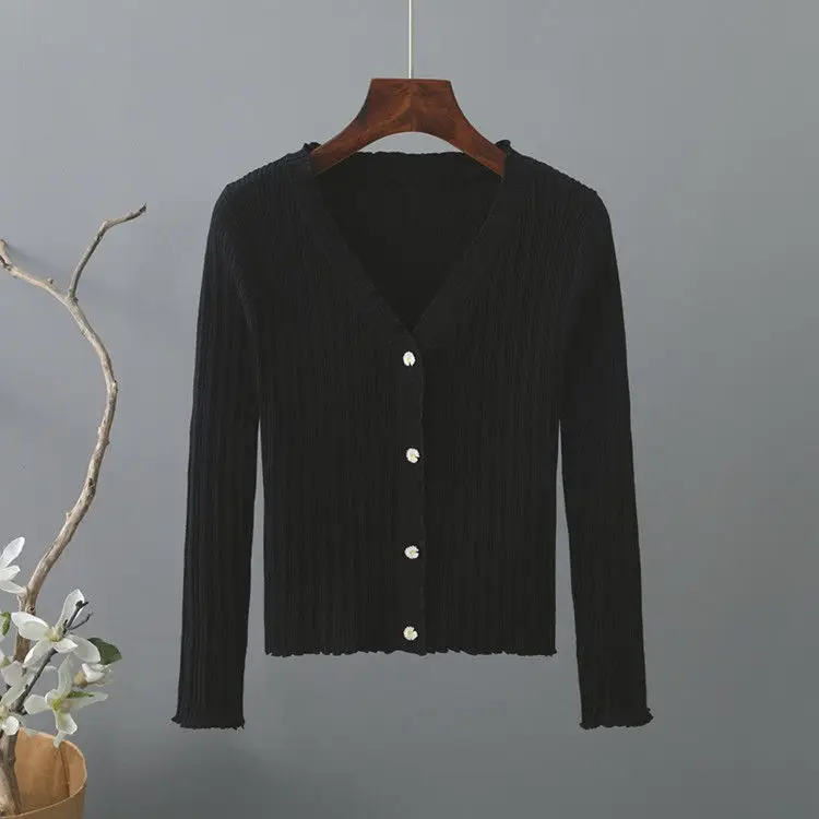 

2021 Summer Women's New V-neck Short Cardigan Shawl Tops Female Fashion Knitted Thin Slim Solid Casual Cardigans Outwear L168