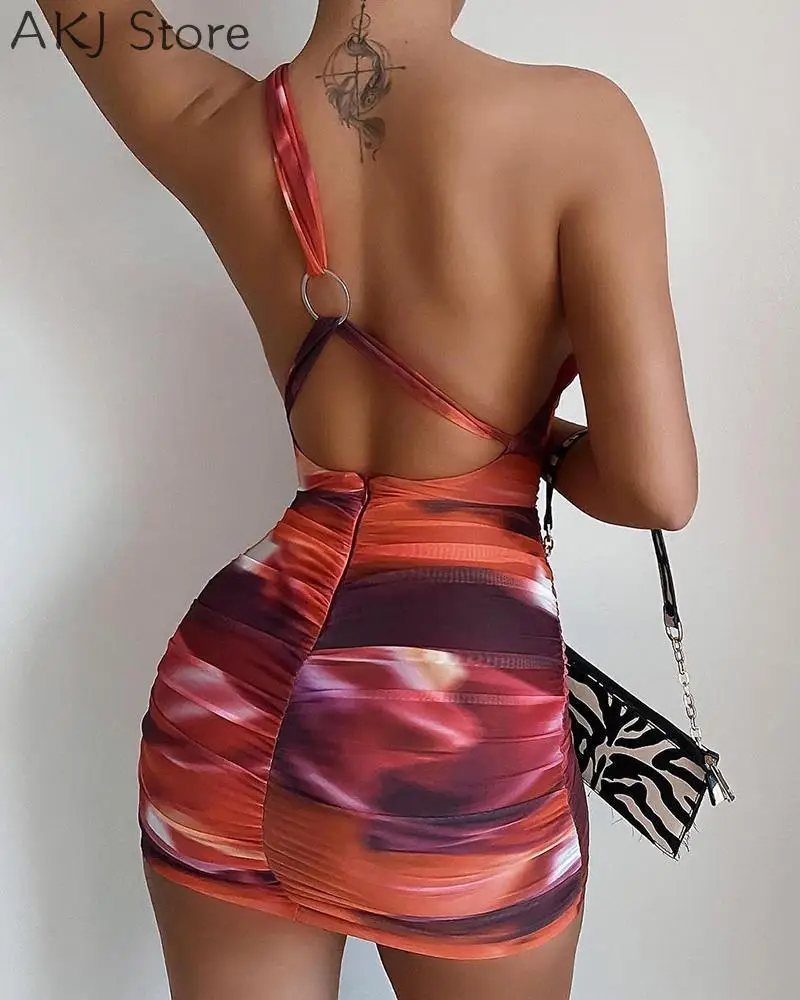 

Women Sexy One Shoulder Sleeveless Tie Dye Print Backless Ruched Dress