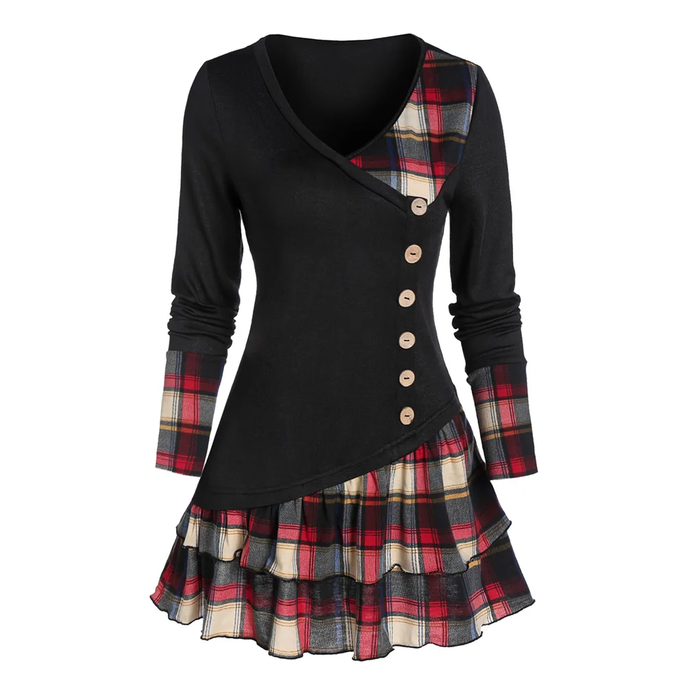 Женская клетчатая футболка DRESSFO многослойная с v-образным вырезом длинным