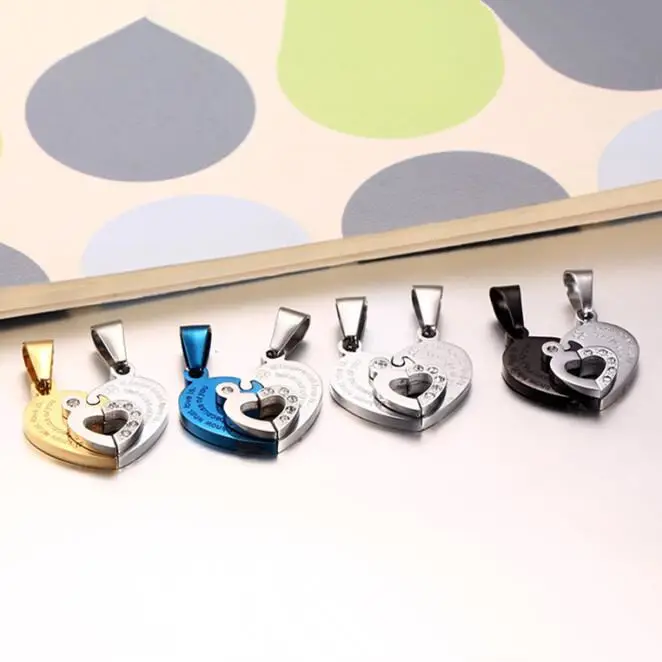 

TJP 2pcs/lot Stainless Steel Heart Couple Necklace Pendant For Men Women Shiny Rhinestones Double Heart Puzzle Pendant