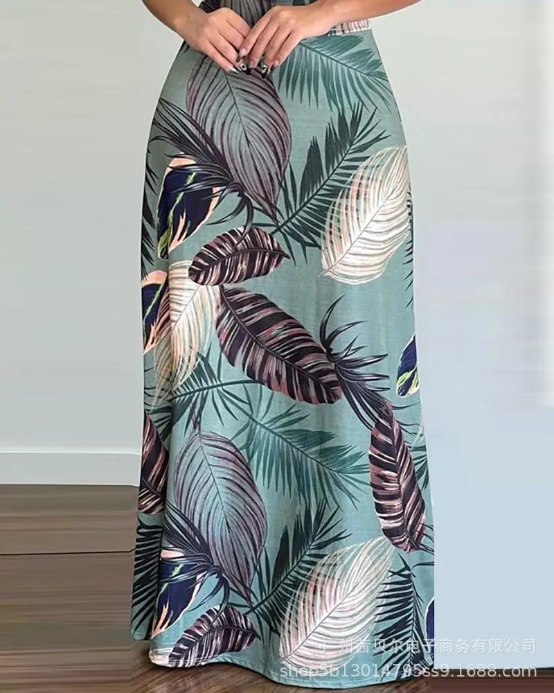 

WEPBEL Summer Women Fashion 2 Piece Outfits Set Sexy V Neck Strap Crop Top + Leaves Print Long Pleated Maxi Skirt Dress Set