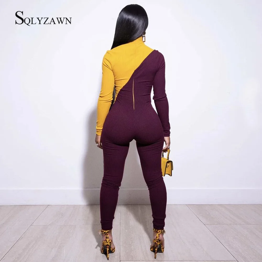 Вязаный Облегающий комбинезон для женщин Осенний хит цвет грудь молния длинный
