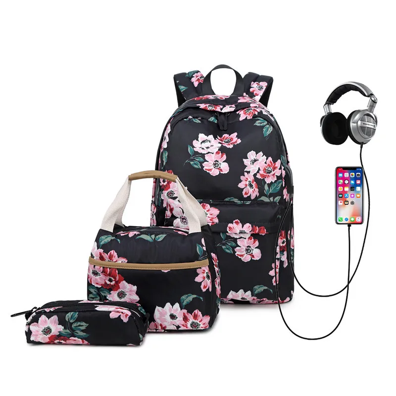 

Pretty Women Canvas Backpack Cartoon Printing School Bags Casual for Teenager Girls Shoulder Bag for USB Travel Bags 3 Pcs
