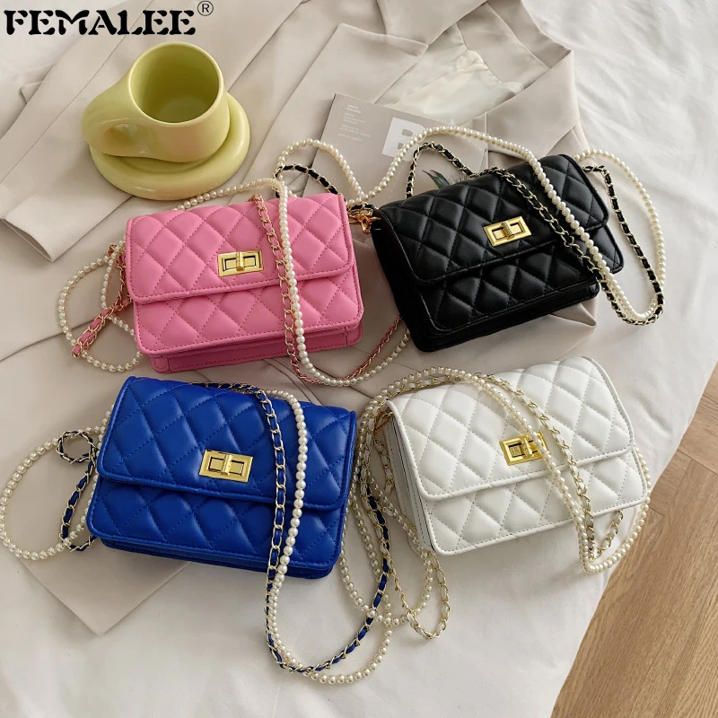 

Fashion Lattice Women Flap Handbags 2021 Elegant Mujer Pearl Handle Shoulder Sac Causal Texture Solid Color Lock Crossbody Purse
