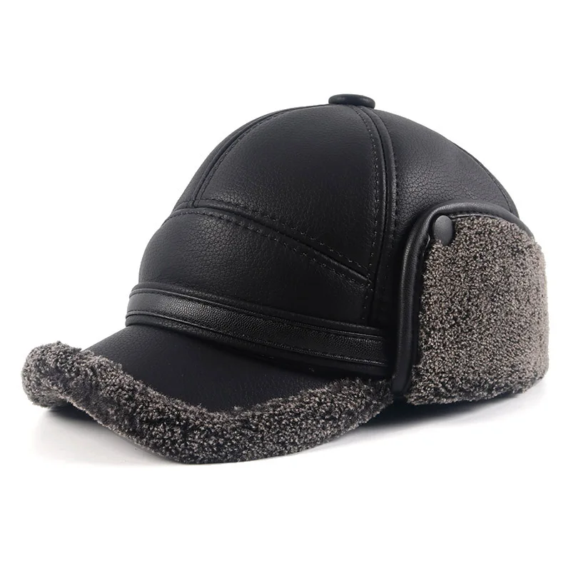 

Men‘s Winter Cap 2021 Warm Earflap Bomber Hat For Men Faux Wool Leather Fur Hats Baseball Cap Male Dad Male Outdoor Russian Hat