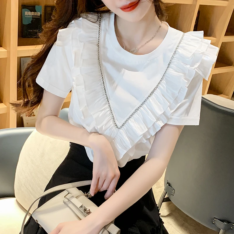 

Ruffles Patchwork T Shirt Women Summer Fashion Diamonds Tee Tops Female Short Sleeve Sweet Tshirt Korean Elegant Camisetas Mujer
