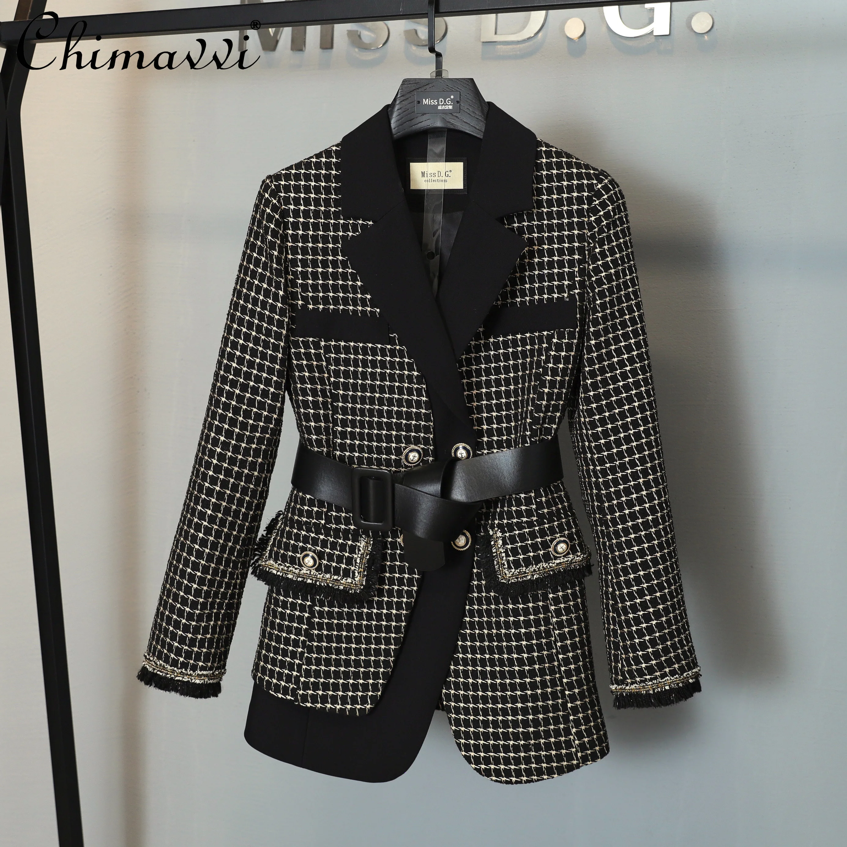 

2021 New Early Fall Ladies New Elegant Houndstooth Double-Breasted Tweed Coat Women's Fashion Vintage Office Lady Wool&blends