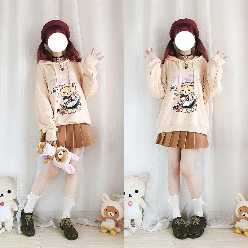 Бежевая Толстовка в стиле Харадзюку с изображением котенка горничной кота