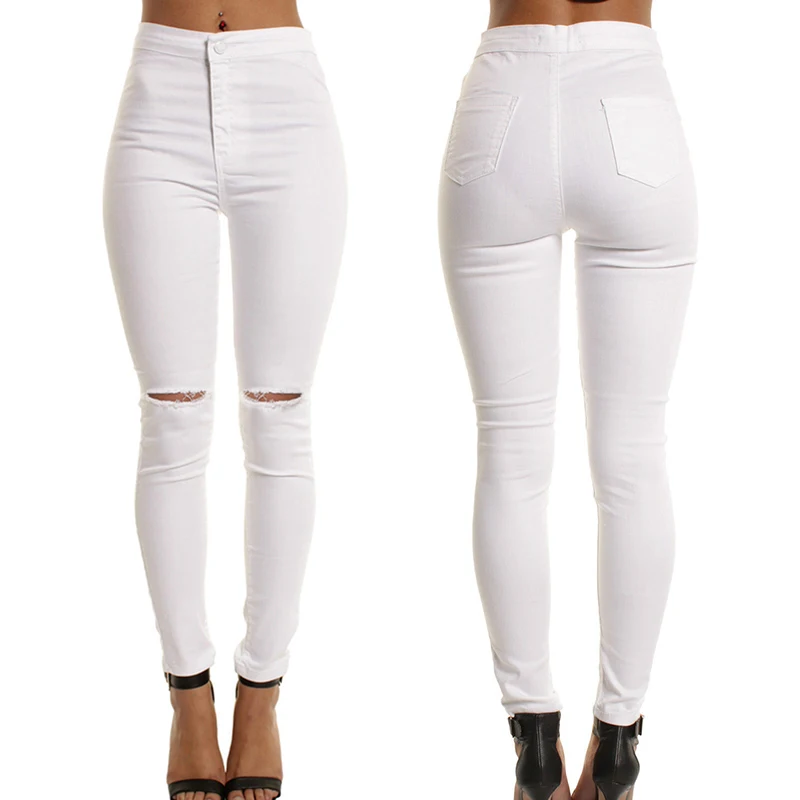 Эластичные рваные джинсы до колена женские узкие с высокой талией повседневные