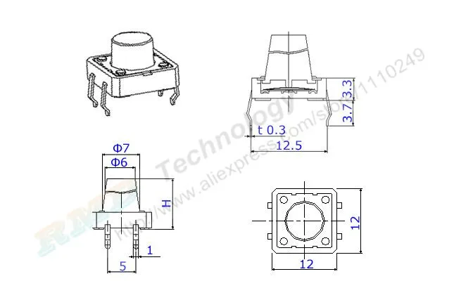 Тактильный кнопочный переключатель 50 шт./лот Мгновенный Такт 12x12x H = 4 3 5 6 7 8 10 12 16 мм