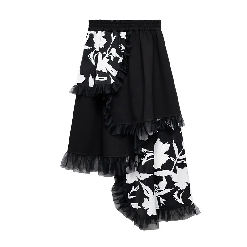 

Irregular Patchwork Mesh Ruffles Skirt Women Clothes 2021 Summer New Fashion Elastic Waist Casual A Line Skirt C812