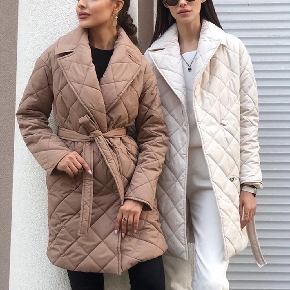 Women's Winter Leisure Rhombus Printing Elegant Long Coat Lapel Collar Parka Coat Slim Fit Belt Warm Fashion Street Coat