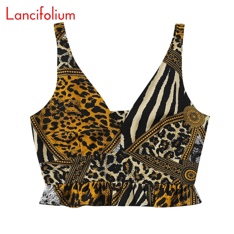 Женский укороченный топ с леопардовым принтом летний открытой спиной и баской