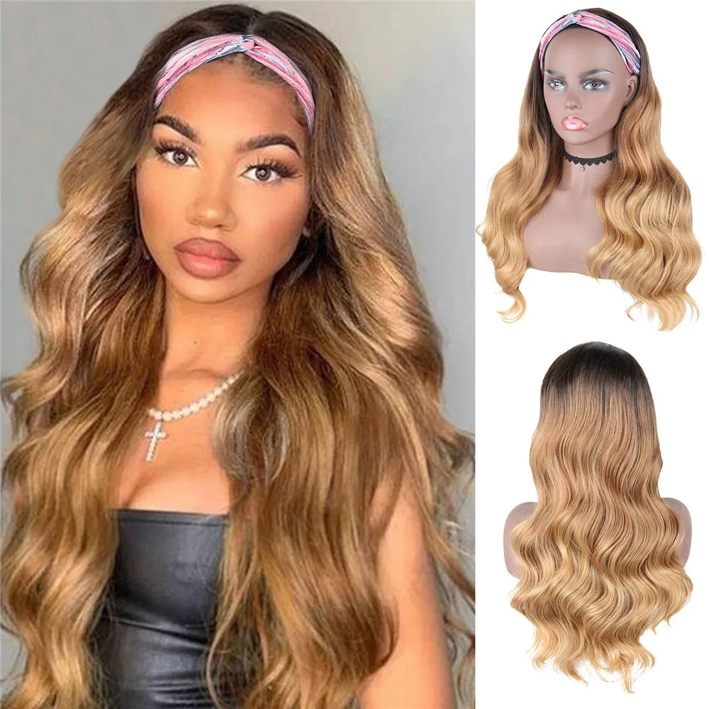 Women Brown Long Wavy Synthetic Wig Headband Hair Wig For Women Daily Party Cosplay Use Heat Resistant Fiber Nature Looking Wig