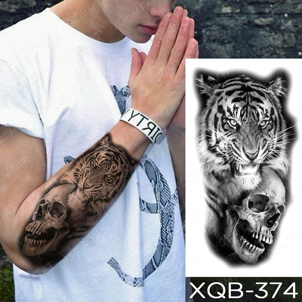 Waterproof Temporary Tattoo Sticker Forest Tiger Mountain Flash Tattoos Skull Cross Clock Lion Rose Body Art Arm Fake Tatoo Men