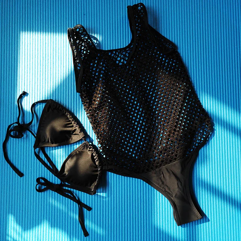 Сексуальный сетчатый купальник из двух частей женское треугольное бикини пуш-ап
