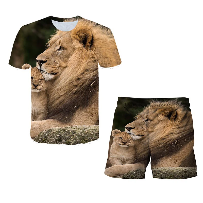 

Girl Clothes 3D Printing Animal Lion Boy Clothes Kids T-shirt Suit Summer T-shirt Boy top + shorts 2-piece Suit Casual Clothes