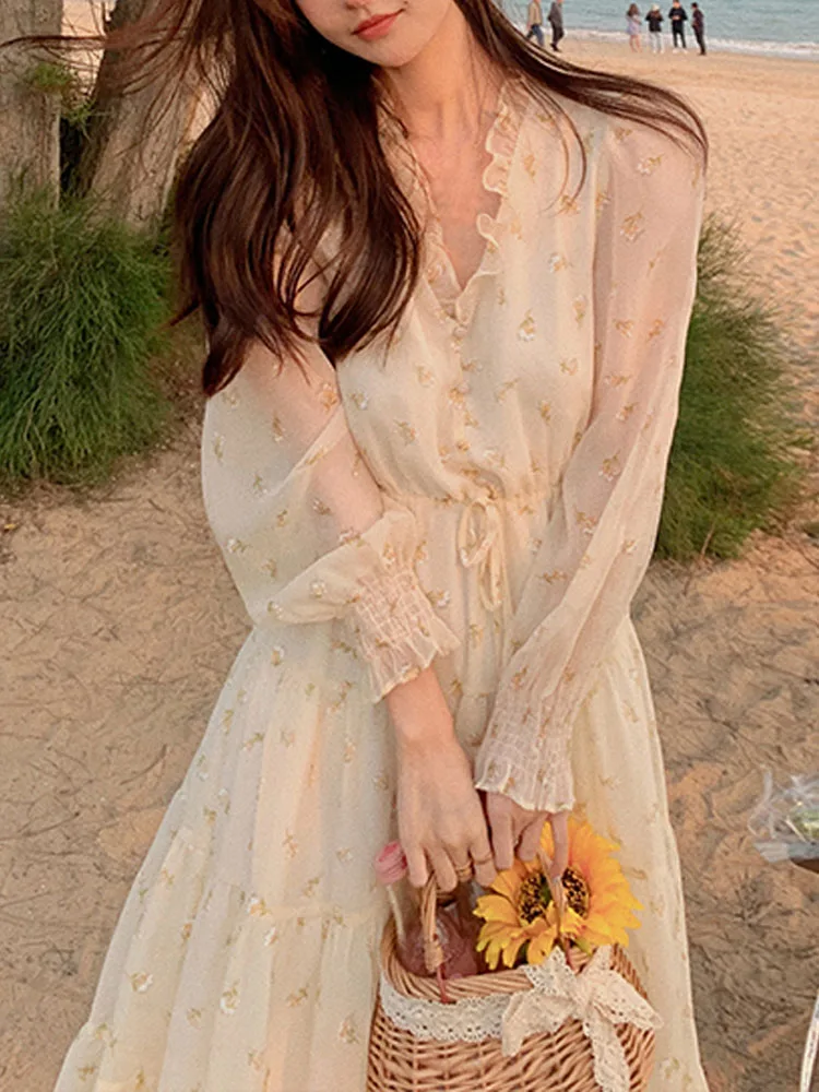 

V-neck Elegant Sweet Dress Women Long Sleeve Chiffon Floral Dress Party Beach Dress for Females Korean Style 2021 Summer Chic