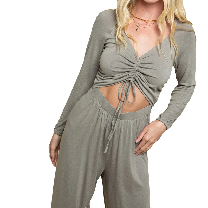 

2021 Summer and Autumn Women's Wear Design Niche Sexy Midriff-crop Drawstring Top Harlan Slacks One-piece Two-piece Set