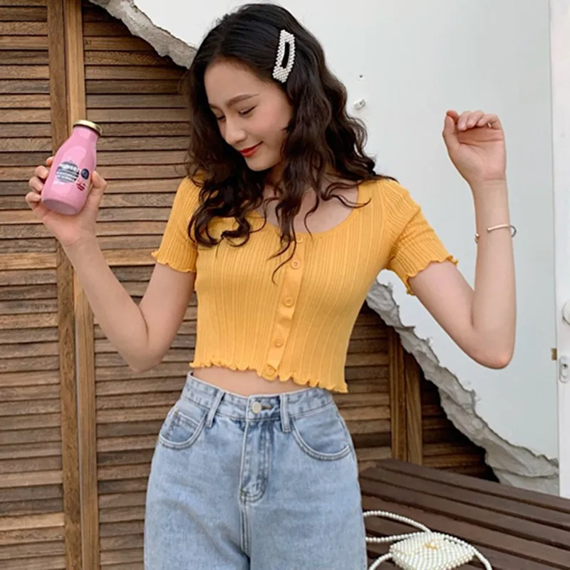 Летняя Милая женская трикотажная футболка короткий рукав Укороченная рубашка Unif