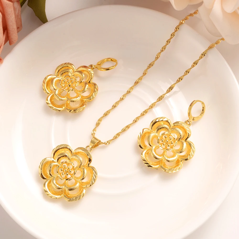 Золотые Дубай индийские наборы свадебных ювелирных изделий большой цветок
