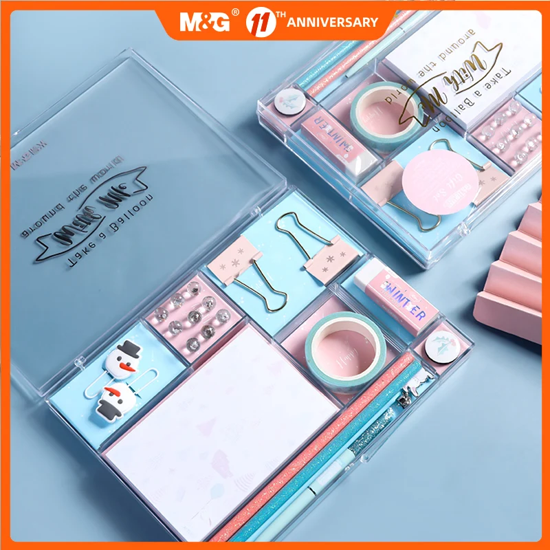 

M&G Ice & Snow Stationery Set Gift Box: Gel Pen/pencil/clip/binder Clip/eraser/Iceball Pin/note Book/Stationery Washi Tape