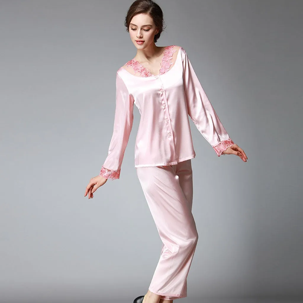 Шелковая атласная Женская пижама пижамный комплект с длинным рукавом одежда для