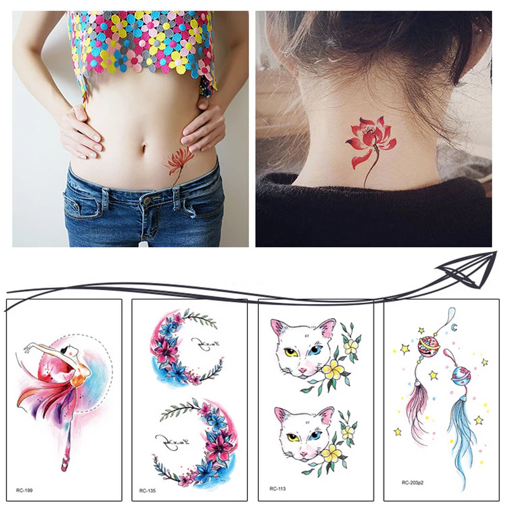 

5pcs Cute Cartoon Waterproof Temporary Fake Tatto Stickers Cat Rose Flower Colorful Tattoos Water Transfer For Kid Adults