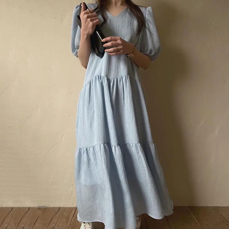 

Новое Элегантное Длинное Платье с V-образным вырезом, женские платья, свободные однотонные женские платья с пышными рукавами, белое летнее п...