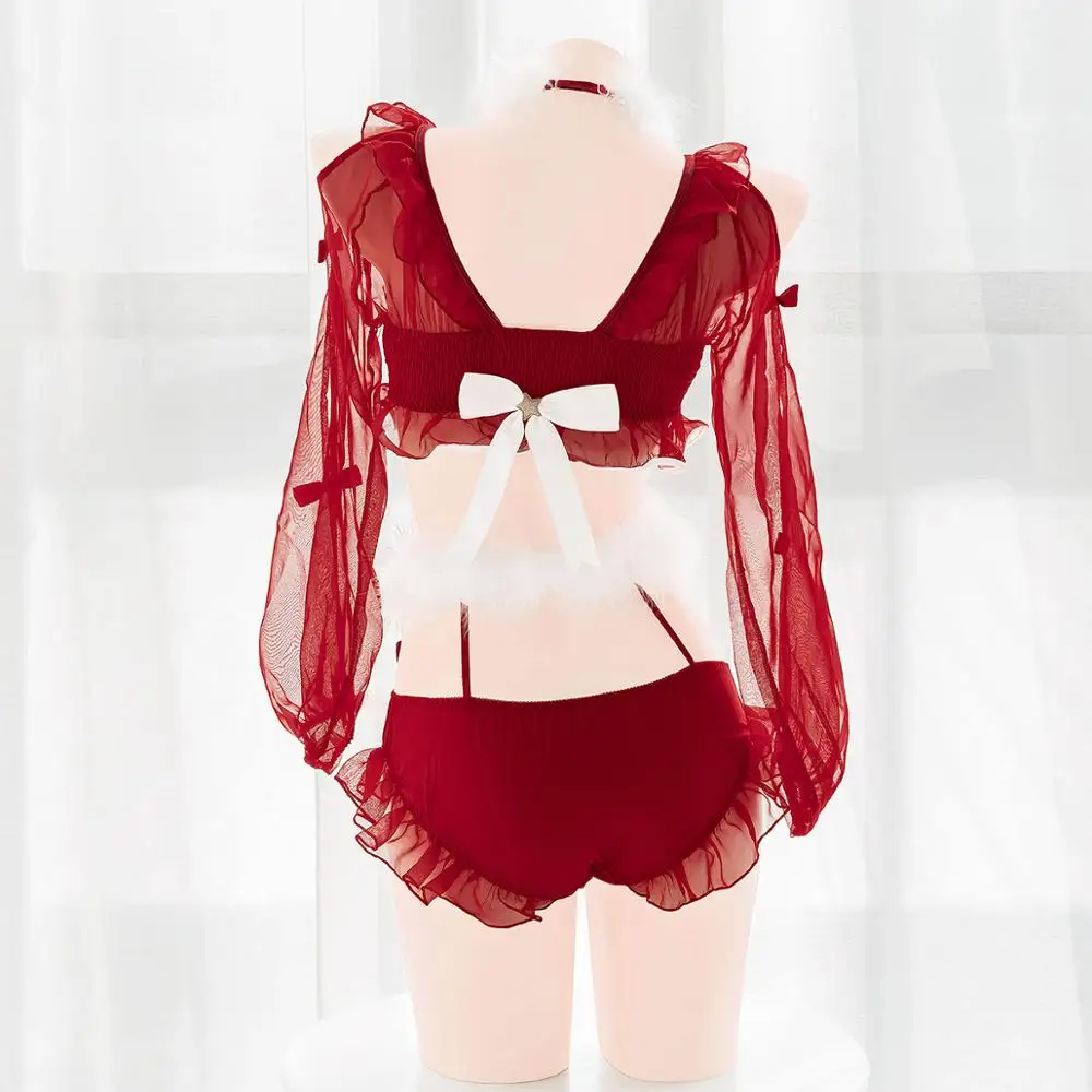 

Sexy Christmas Red Candy Lovely Feather Trim Underwear Set Sweet Cute Hollow Out Off Shoulder Chiffon Lingerie Suit Cosplay