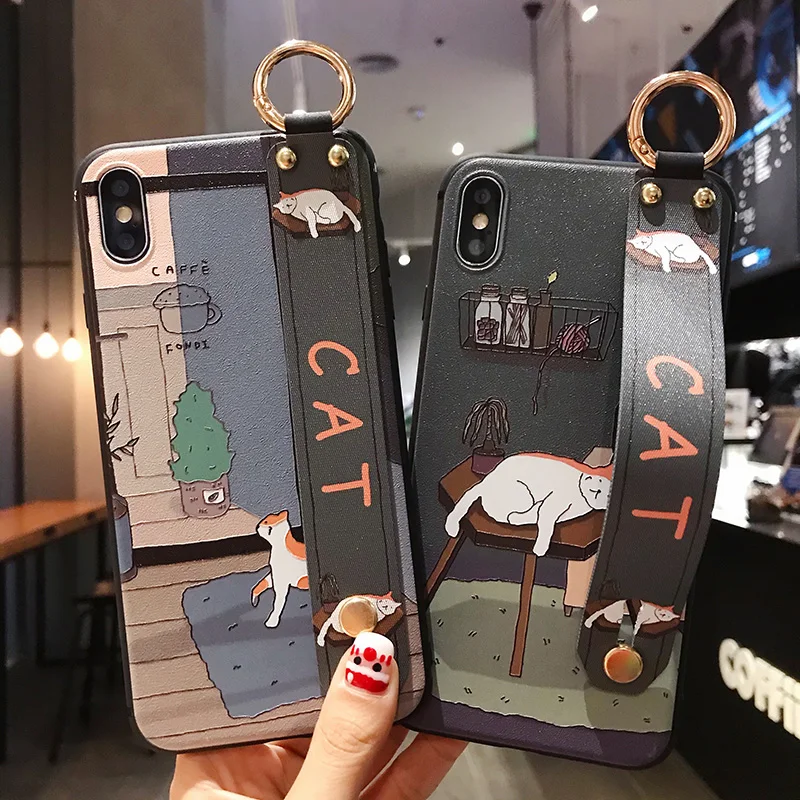 

sumkeymi Wrist Strap Phone Holder Case For iphone 12 11 7 8 Plus mini Pro Max X XS XR Cute Cat TPU Cover Hand Band Case