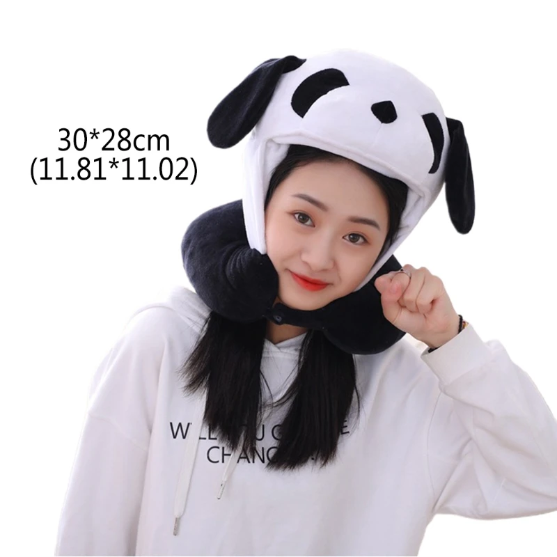

2 In 1 U Shaped Neck Pillow with Cartoon Panda Plush Hat Funny Animal Stuffed Toys Travel Hooded Cushion Cap Photo Props
