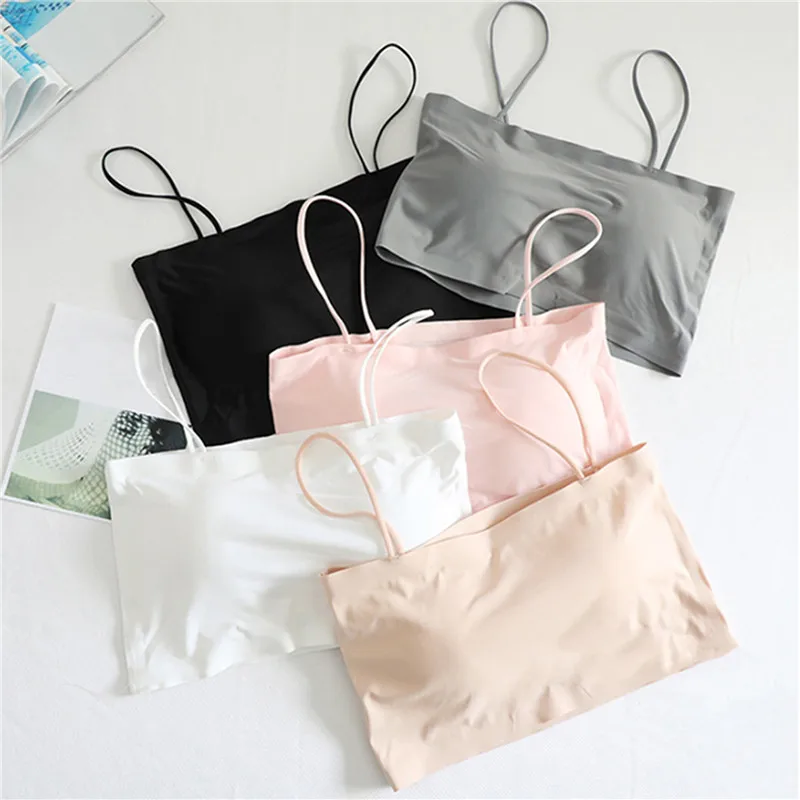 

Fashion Summer Sexy Bras for Women Push Up Lingerie Ice Silk Seamless Word Sling Female Tube Top 2022 White Bralette Top Tanks