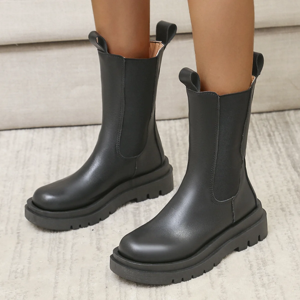 

Winter Ankle Boots For Women Platform Boots Chunky Black Leather Brand Fashion White Black Round Toe Boots Shoes Woman
