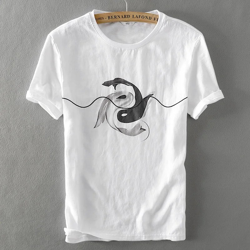

Designer Men Cotton Linen T-shirt Casual Short Sleeve Summer New Loose White T shirt Male Brand Clothing O-Neck Printed T-shirt