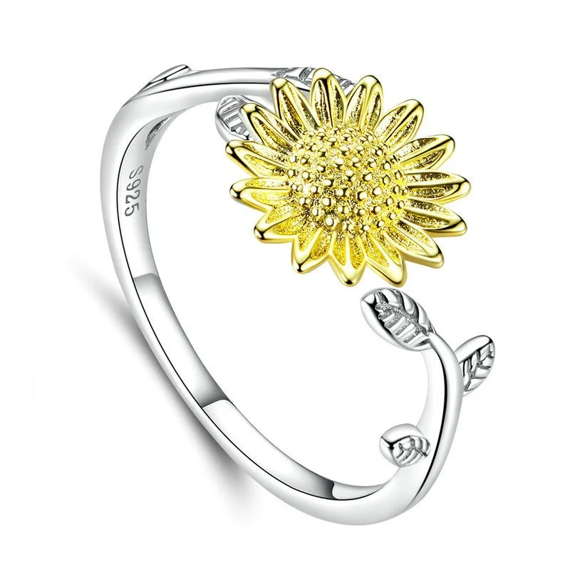 

EAMTI Sunflower S925 Silver Ring Fashion Fresh Style Female Daisy Opening Adjustable Silver Jewelry Wedding Bands for Couple