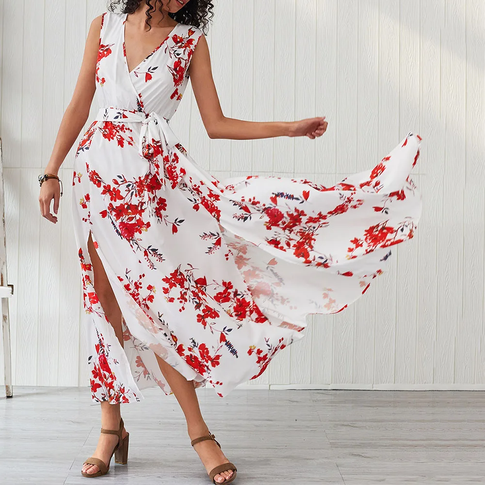 Богемное женское белое платье на шнуровке 2020 с цветочным принтом длинное пляжное