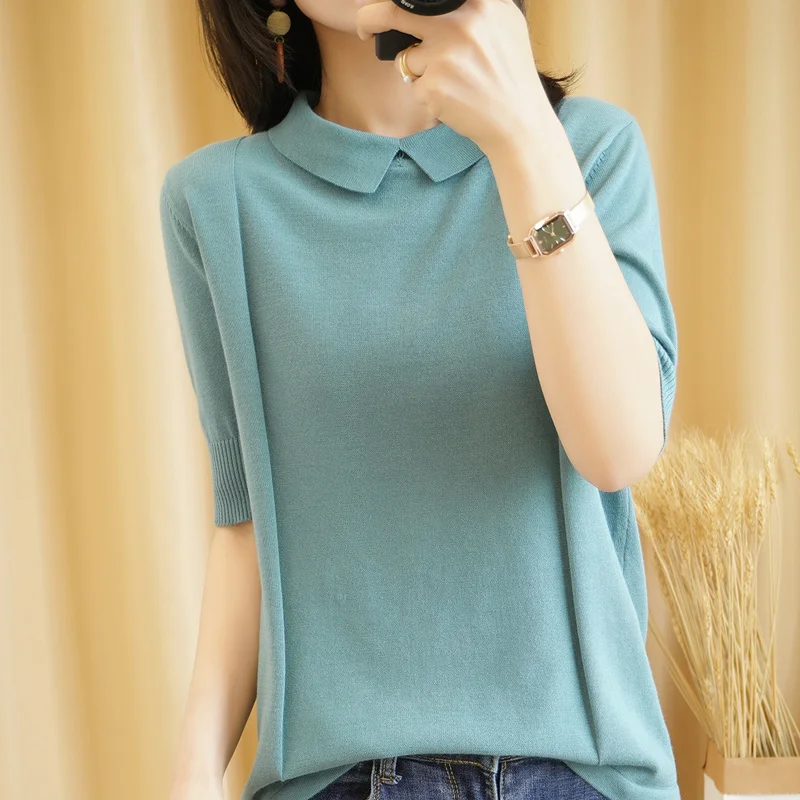 

Summer short-sleeved female doll collar new female pullover T-shirt vest knitted large size short-sleeved slim loose T-shirt
