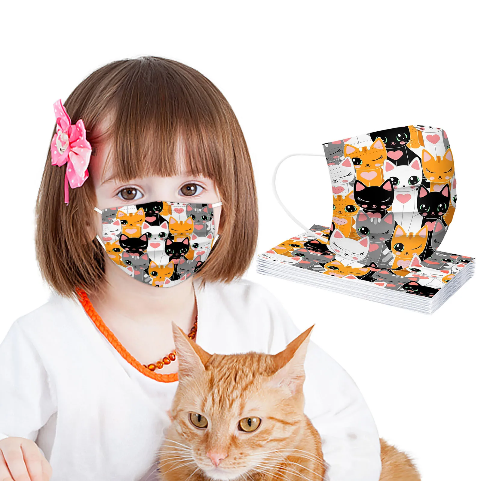 

10pcs Disposable Children's Mask Cartoon Cat Kawaii Cute Pattern Print Mouth Mask For Kids Girl 3 Layer Disposable Mask Children