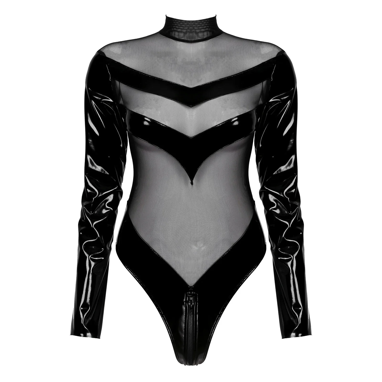 Черный латексный костюм кошки женский кожаный купальник прозрачный сетчатый