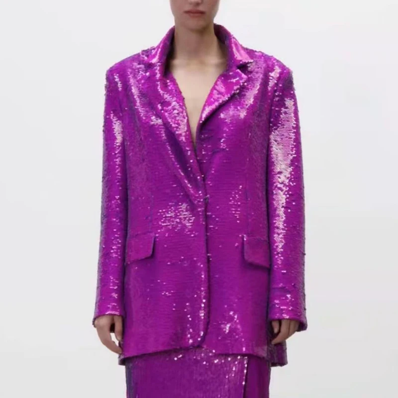 

Осень 2021, женские фиолетовые блестки, фотообои, винтажные с длинным рукавом, однорядные, со скрытой пряжкой, с надрезом, CD8354