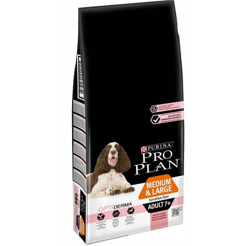 Сухой корм ProPlan для взрослых собак старше 7 лет средних и крупных пород с чувствительной кожей, лосось и рис, 14кг